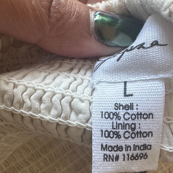 Japna 100% cotton Gingham Smocked Strapless tube Top blouse white tan Cream NWT - Picture 6 of 7